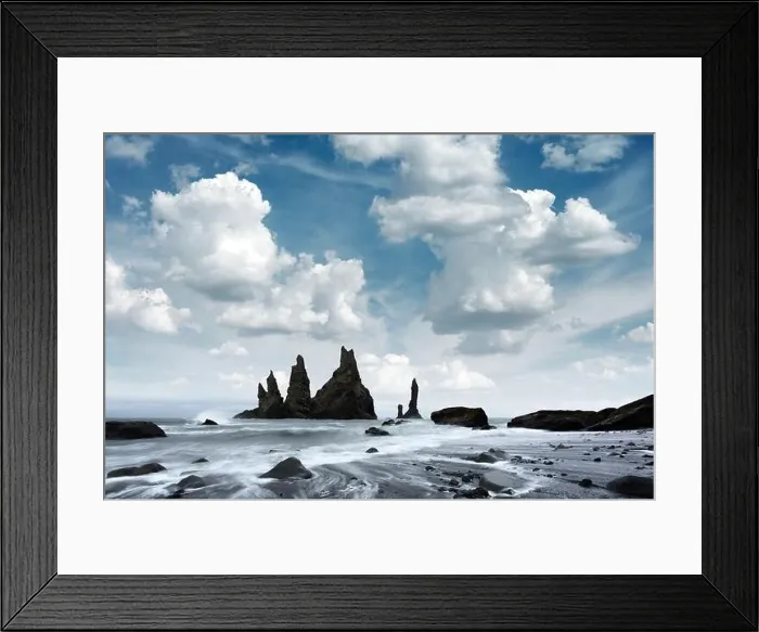 Framed Print : Gorgeous landscape with basalt rock formations Troll Toes on Black beach, stormy ocean waves and cloudscape. Reynisdrangar, Vik, Iceland Framed Print : Gorgeous landscape with basalt rock formations Troll Toes on Black beach, stormy ocean waves and cloudscape. Reynisdrangar, Vik, Iceland