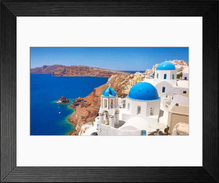 Framed Print : Greek white church with blue dome overlooking the Aegean sea, Oia Town, Santorini, Cyclades Islands, Greece Framed Print : Greek white church with blue dome overlooking the Aegean sea, Oia Town, Santorini, Cyclades Islands, Greece