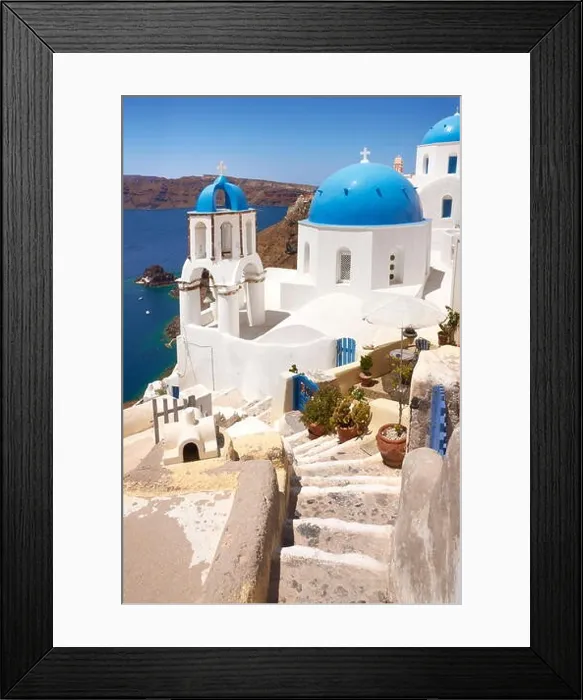 Framed Print : Landscape with greek white church overlooking the sea, Oia Town, Santorini Island, Greece Framed Print : Landscape with greek white church overlooking the sea, Oia Town, Santorini Island, Greece