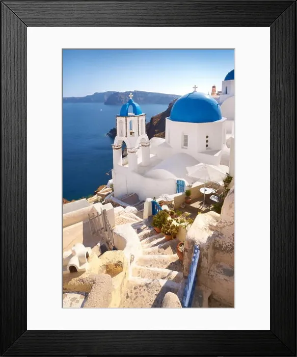 Framed Print : Santorini Caldera landscape with greek white church overlooking the sea, Oia Town, Santorini Island, Greece Framed Print : Santorini Caldera landscape with greek white church overlooking the sea, Oia Town, Santorini Island, Greece