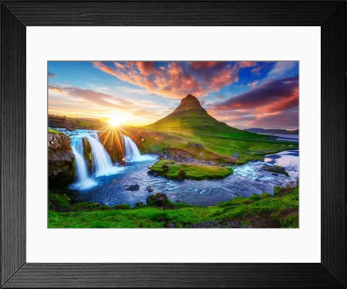 Framed Print : Gorgeous landscape with rising sun on Kirkjufellsfoss waterfall and Kirkjufell mountain, Iceland, Europe Framed Print : Gorgeous landscape with rising sun on Kirkjufellsfoss waterfall and Kirkjufell mountain, Iceland, Europe