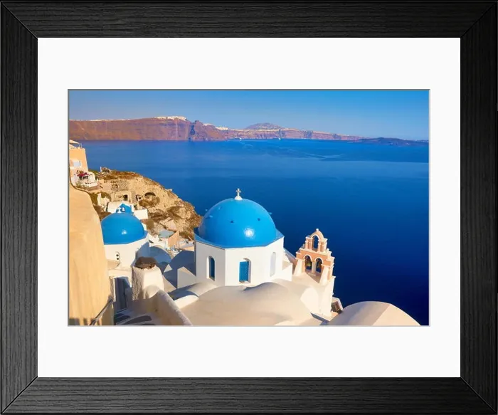 Framed Print : Santorini landscape with greek white church, bell tower and Aegean Sea in the background, Oia Town, Santorini Island, Greece Framed Print : Santorini landscape with greek white church, bell tower and Aegean Sea in the background, Oia Town, Santorini Island, Greece