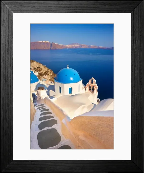 Framed Print : Santorini - greek white church and Aegean Sea in the background, Oia Town, Santorini Island, Greece Framed Print : Santorini - greek white church and Aegean Sea in the background, Oia Town, Santorini Island, Greece