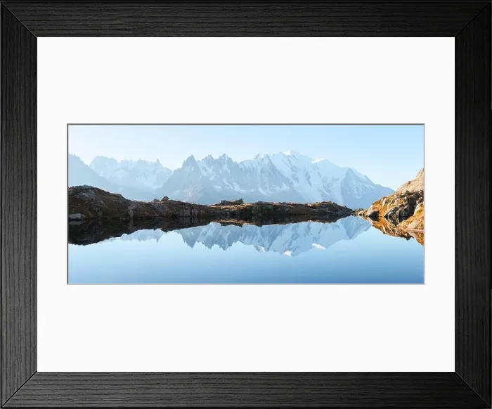 Framed Print : Picturesque panorama of Chesery lake (Lac De Cheserys) and snowy Monte Bianco mountains range on background, Chamonix, France Alps Framed Print : Picturesque panorama of Chesery lake (Lac De Cheserys) and snowy Monte Bianco mountains range on background, Chamonix, France Alps