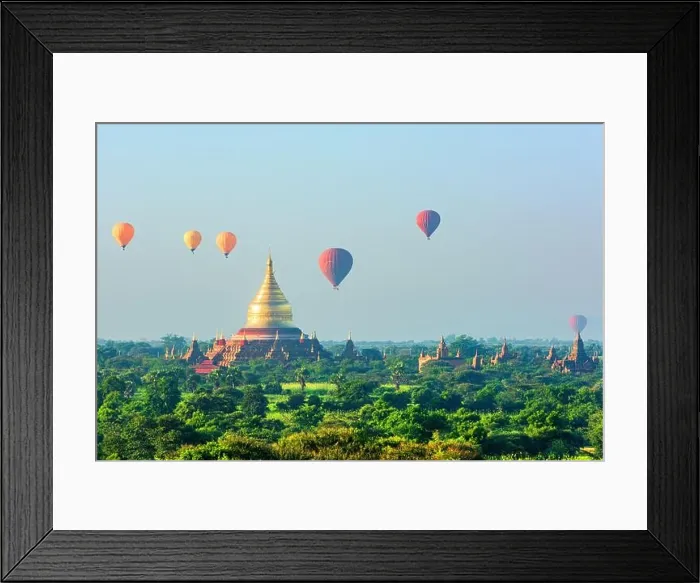 Framed Print : Bagan, Myanmar ancient temple ruins landscape with hot air balloons Framed Print : Bagan, Myanmar ancient temple ruins landscape with hot air balloons