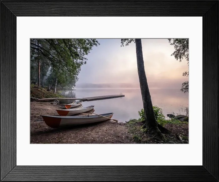 Framed Print : Tranquil beauty morning with row boat and pier at misty summer sunrise in idyllic beach Finland Framed Print : Tranquil beauty morning with row boat and pier at misty summer sunrise in idyllic beach Finland