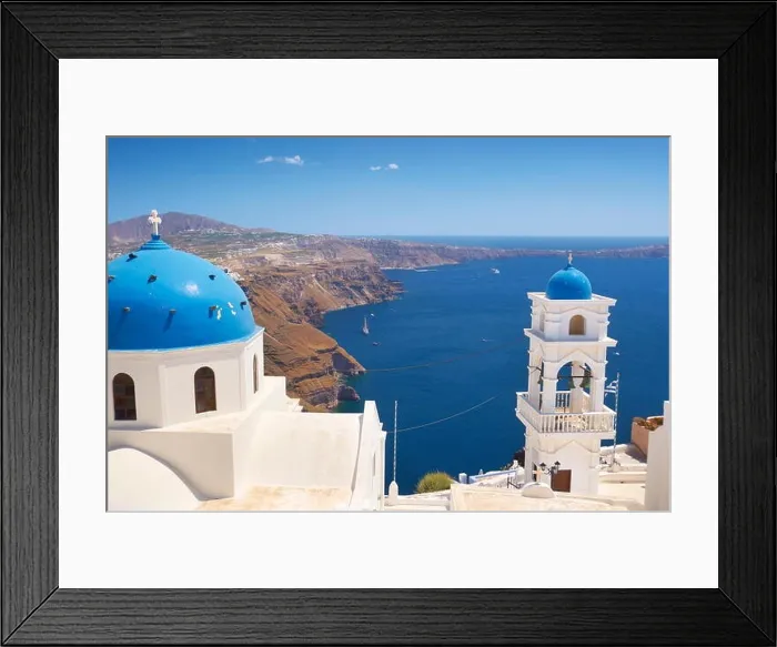 Framed Print : Thira (capital city of Santorini) - greek white church and bell tower overlooking the sea, Santorini Island, Cyclades, Greece Framed Print : Thira (capital city of Santorini) - greek white church and bell tower overlooking the sea, Santorini Island, Cyclades, Greece