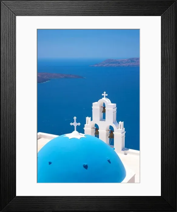 Framed Print : Greek church with blue dome and white bell tower overlooking the sea, Thira (Fira) Town, Santorini Island, Cyclades, Greece Framed Print : Greek church with blue dome and white bell tower overlooking the sea, Thira (Fira) Town, Santorini Island, Cyclades, Greece