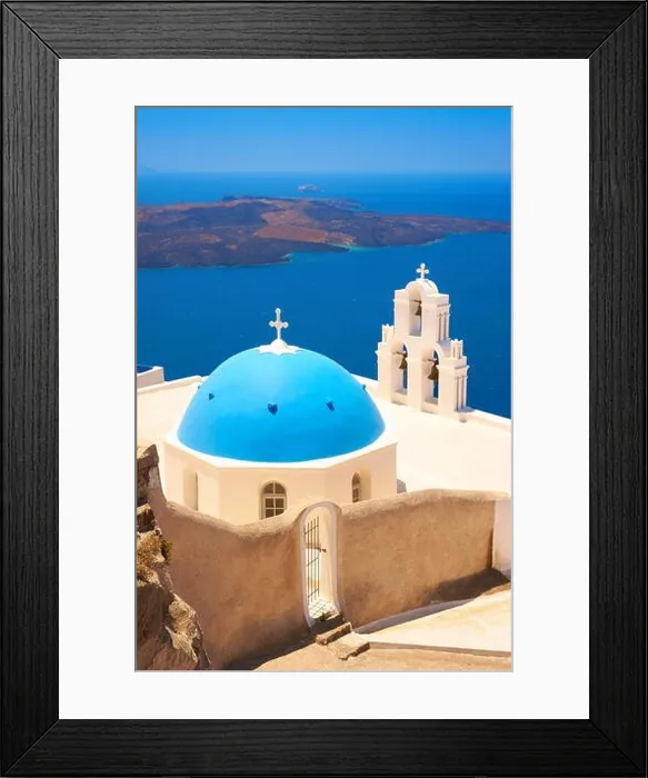 Framed Print : Thira (capital city) - greek church with blue dome, Santorini Island, Cyclades, Greece Framed Print : Thira (capital city) - greek church with blue dome, Santorini Island, Cyclades, Greece