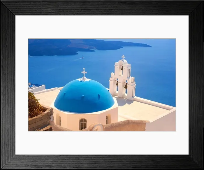 Framed Print : Thira (capital of Santorini) - View at greek church with blue dome, bell tower and blue sea, Santorini Island, Cyclades, Greece Framed Print : Thira (capital of Santorini) - View at greek church with blue dome, bell tower and blue sea, Santorini Island, Cyclades, Greece
