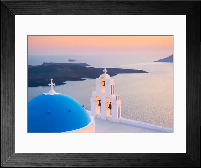 Framed Print : Thira (Fira) Town, popular viewing point of Santorini - landscape with church and sea, Santorini Island, Greece Framed Print : Thira (Fira) Town, popular viewing point of Santorini - landscape with church and sea, Santorini Island, Greece