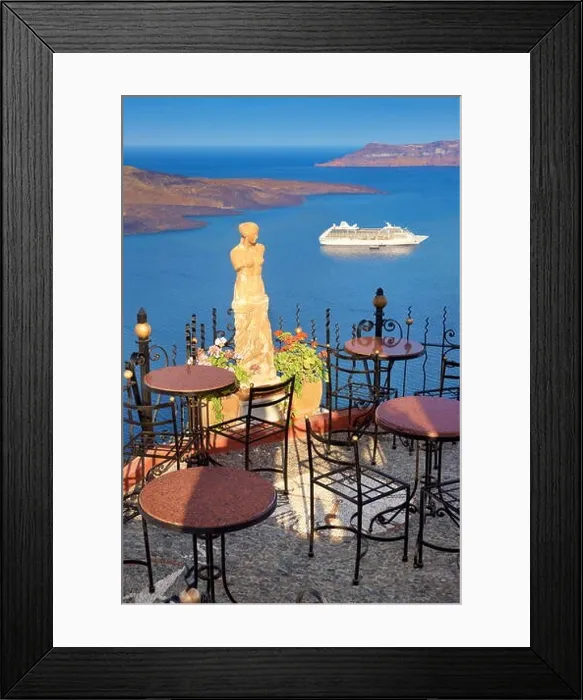 Framed Print : Thira (capital city of Santorini) - cafe with a background view to sae and cruise ship, Santorini Island, Greece Framed Print : Thira (capital city of Santorini) - cafe with a background view to sae and cruise ship, Santorini Island, Greece