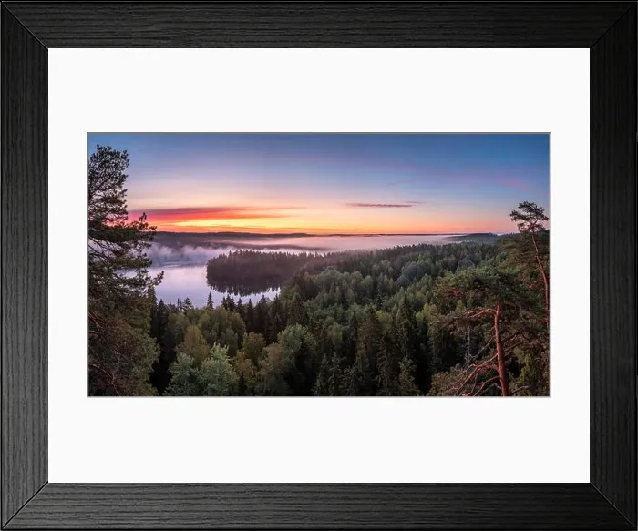 Framed Print : Scenic landscape with lake, sunrise and fog at tranquil misty morning in Aulanko, nature reserve, Finland Framed Print : Scenic landscape with lake, sunrise and fog at tranquil misty morning in Aulanko, nature reserve, Finland