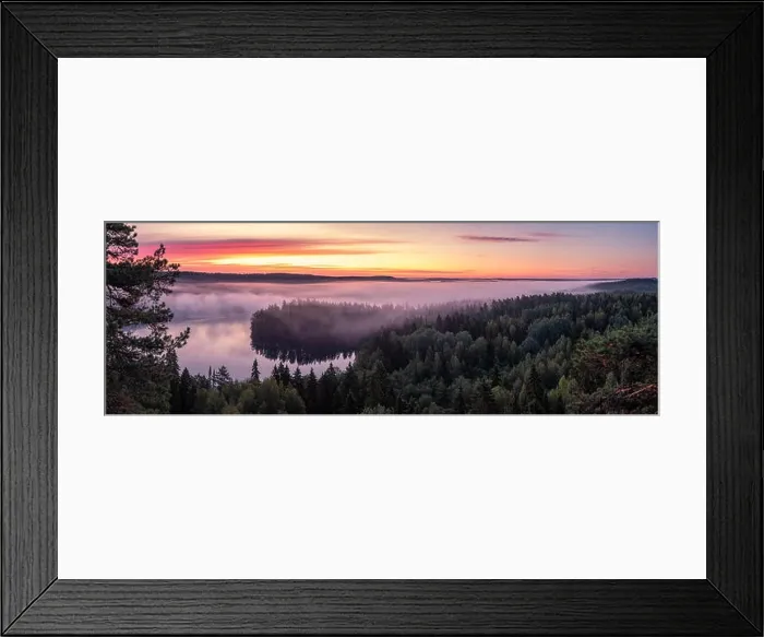 Framed Print : Scenic landscape with lake, sunrise and fog at tranquil misty morning in Aulanko, nature reserve, Finland Framed Print : Scenic landscape with lake, sunrise and fog at tranquil misty morning in Aulanko, nature reserve, Finland