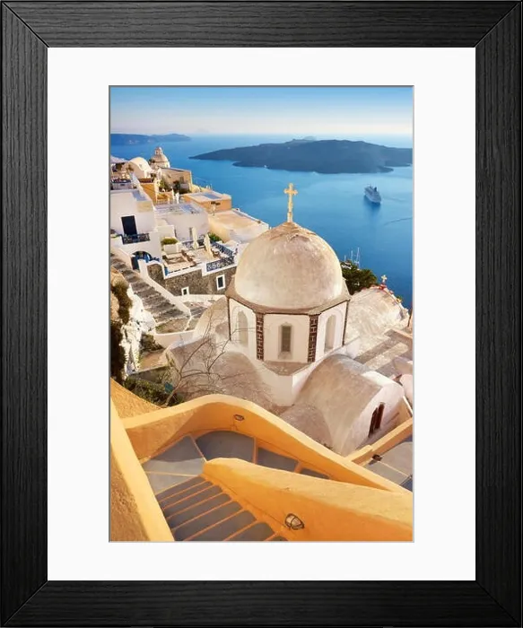 Framed Print : Santorini Island - Thira (capital city) - greek white church overlooking the Aegean Sea, Greece Framed Print : Santorini Island - Thira (capital city) - greek white church overlooking the Aegean Sea, Greece