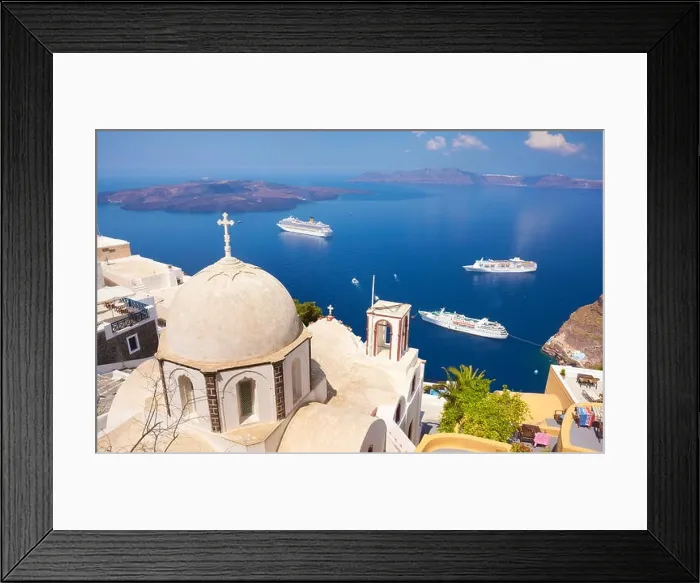Framed Print : Thira (capital city of Santorini) - greek white church overlooking the cruise ship on Aegean Sea, Santorini Island, Greece Framed Print : Thira (capital city of Santorini) - greek white church overlooking the cruise ship on Aegean Sea, Santorini Island, Greece