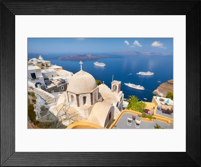 Framed Print : Thira (capital city of Santorini) - greek white church overlooking the cruise ship on Aegean Sea, Santorini Island, Greece Framed Print : Thira (capital city of Santorini) - greek white church overlooking the cruise ship on Aegean Sea, Santorini Island, Greece