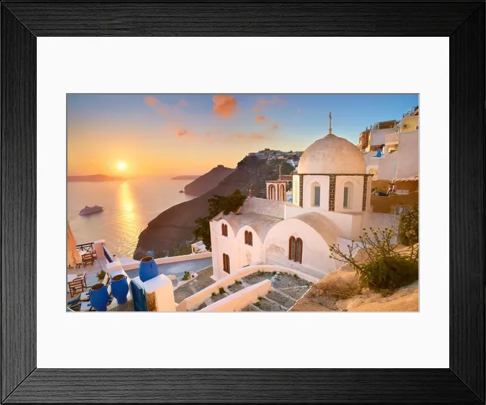Framed Print : Thira (capital city of Santorini) - landscape with greek white church and sunset over the sea, Santorini Island, Greece