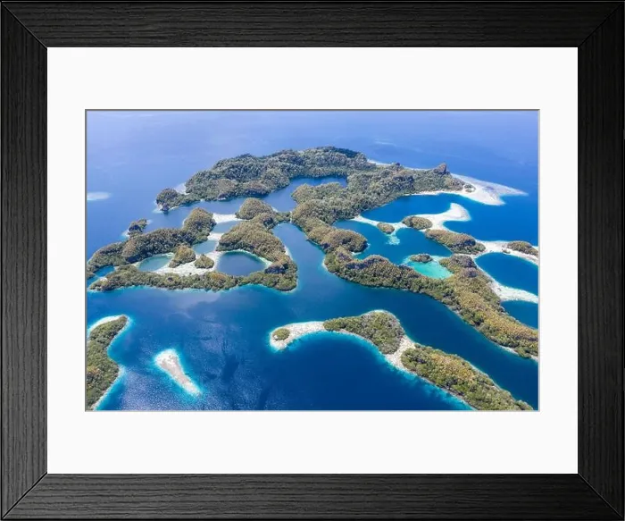 Framed Print : Limestone islands are surrounded by healthy coral reefs in Raja Ampat, Indonesia. This region is thought to be the epicenter of marine biodiversity