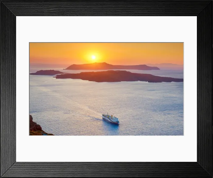 Framed Print : Landscape view with cruise ship on the Aegean Sea and Nea Kameni Island taken from Thira ( Fira), Santorini Island, Greece Framed Print : Landscape view with cruise ship on the Aegean Sea and Nea Kameni Island taken from Thira ( Fira), Santorini Island, Greece