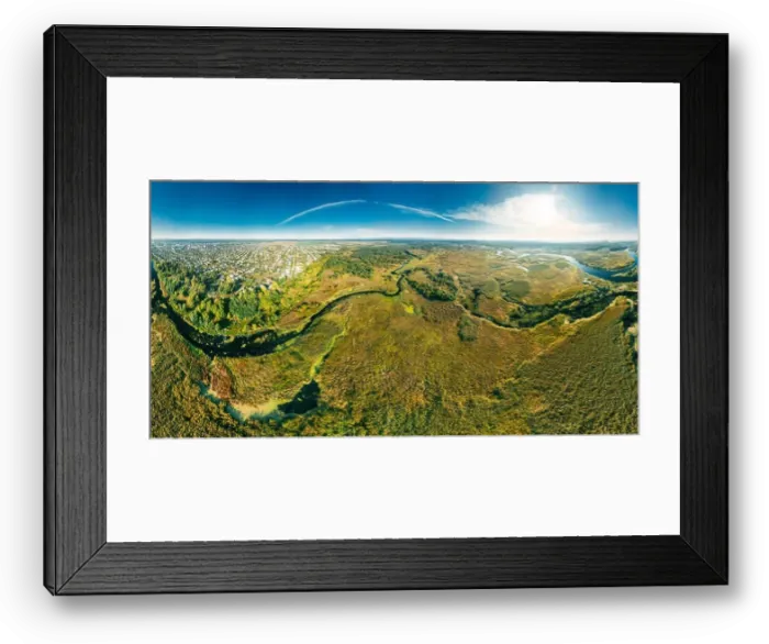 Framed Print : Aerial View Green Forest Woods And River Landscape In Sunny Summer Day. Top View Of Beautiful European Nature From High Attitude In Summer Season. Dro Framed Print : Aerial View Green Forest Woods And River Landscape In Sunny Summer Day. Top View Of Beautiful European Nature From High Attitude In Summer Season. Dro