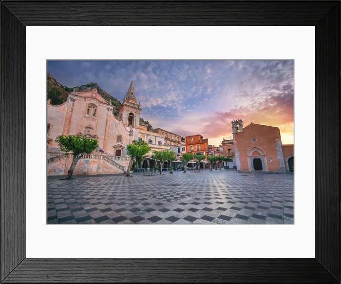 Framed Print : Taormina, Sicily, Italy. Cityscape image of picturesque town of Taormina, Sicily with main square Piazza IX Aprile and San Giuseppe church at sunrise