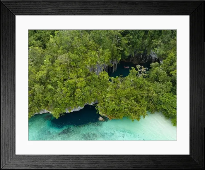 Framed Print : The mouth of a dark, water-filled cave opens on the edge of a forest-covered limestone island near Fak Fak, Indonesia. Limestone often harbors caves Framed Print : The mouth of a dark, water-filled cave opens on the edge of a forest-covered limestone island near Fak Fak, Indonesia. Limestone often harbors caves
