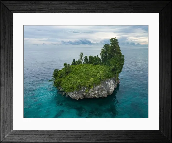 Framed Print : A lone limestone island, covered by vegetation, rises from West Papua's seascape. This remote part of Indonesia is known for its high biodiversity Framed Print : A lone limestone island, covered by vegetation, rises from West Papua's seascape. This remote part of Indonesia is known for its high biodiversity