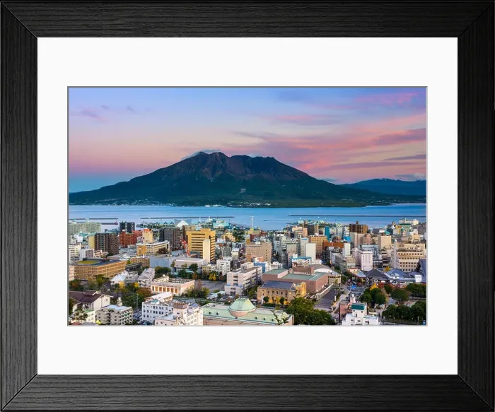 Framed Print : Kagoshima, Japan city skyline with Sakurajima Volcano Framed Print : Kagoshima, Japan city skyline with Sakurajima Volcano