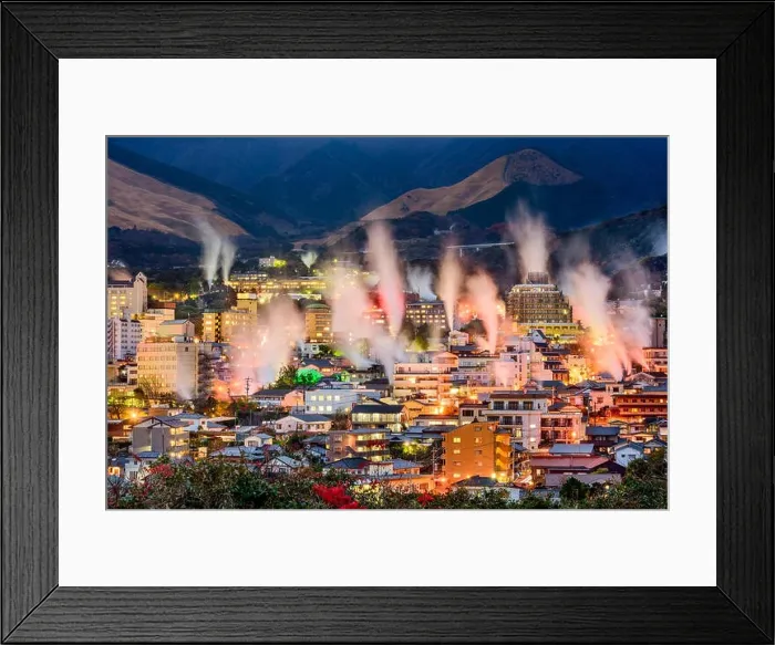 Framed Print : Beppu, Japan cityscape with hot spring bath houses with rising steam Framed Print : Beppu, Japan cityscape with hot spring bath houses with rising steam