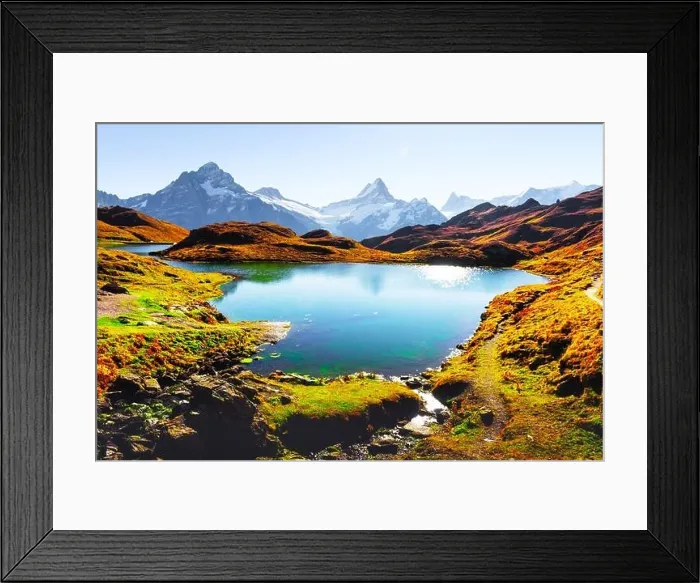 Framed Print : Picturesque view on Bachalpsee lake in Swiss Alps mountains. Snowy peaks of Wetterhorn, Mittelhorn and Rosenhorn on background Framed Print : Picturesque view on Bachalpsee lake in Swiss Alps mountains. Snowy peaks of Wetterhorn, Mittelhorn and Rosenhorn on background