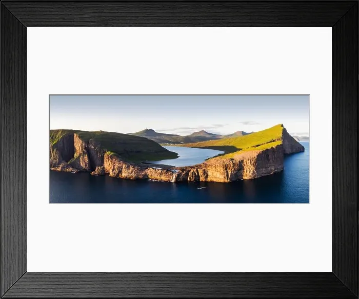 Framed Print : Aerial view from drone of Sorvagsvatn lake on cliffs of Vagar island in sunset time, Faroe Islands, Denmark. Landscape photography Framed Print : Aerial view from drone of Sorvagsvatn lake on cliffs of Vagar island in sunset time, Faroe Islands, Denmark. Landscape photography