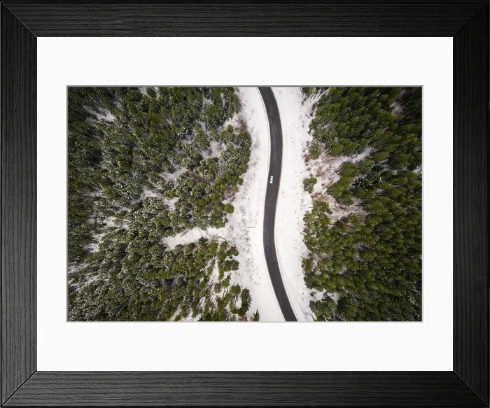 Framed Print : Flight over the winter mountains with road serpentine and snowy forest. Top down view. Landscape photography Framed Print : Flight over the winter mountains with road serpentine and snowy forest. Top down view. Landscape photography