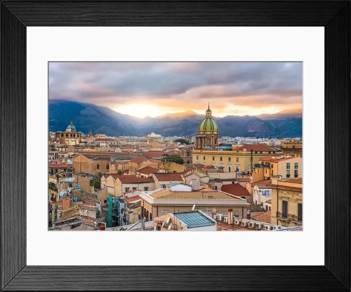 Framed Print : Palermo, Sicily town skyline with landmark towers at dusk Framed Print : Palermo, Sicily town skyline with landmark towers at dusk