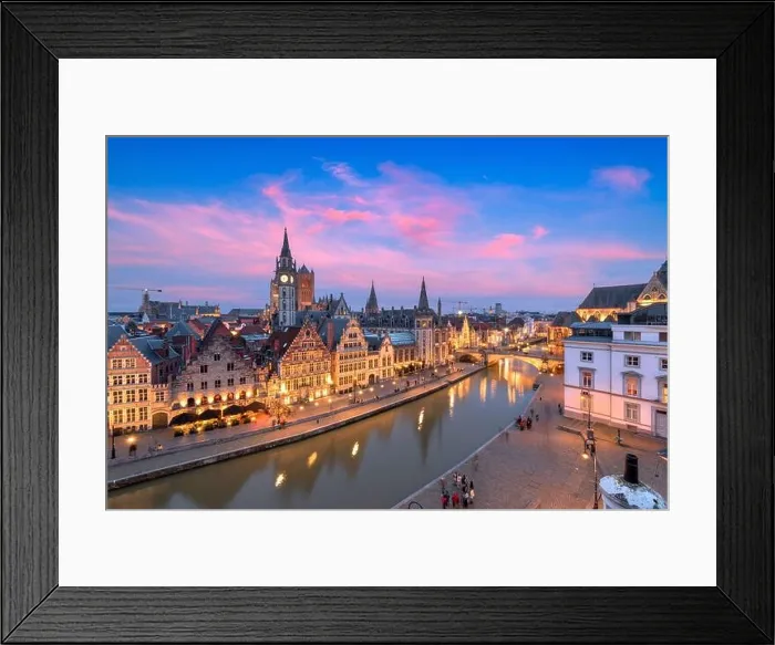 Framed Print : Ghent, Belgium old town cityscape from the Graslei area at dusk Framed Print : Ghent, Belgium old town cityscape from the Graslei area at dusk
