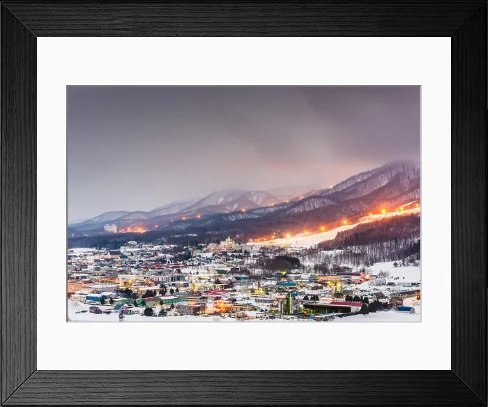 Framed Print : Furano, Hokkaido, Japan town skyline in winter at twilight Framed Print : Furano, Hokkaido, Japan town skyline in winter at twilight