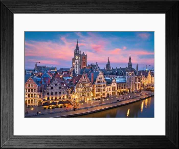 Framed Print : Ghent, Belgium old town cityscape from the Graslei area at dusk