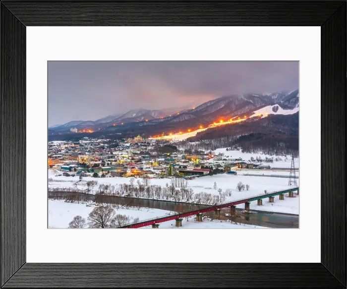 Framed Print : Furano, Hokkaido, Japan town skyline in winter at twilight Framed Print : Furano, Hokkaido, Japan town skyline in winter at twilight