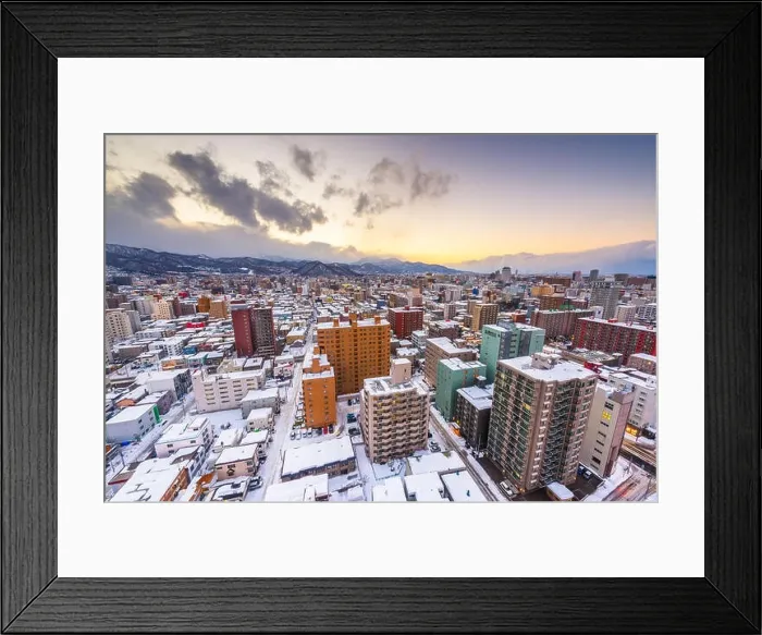 Framed Print : Sapporo, Hokkaido, Japan downtown cityscape towards the mountains at dusk in winter Framed Print : Sapporo, Hokkaido, Japan downtown cityscape towards the mountains at dusk in winter