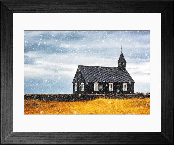 Framed Print : Autumn landscape with snowy famous picturesque black church of Budir at Snaefellsnes peninsula region in Iceland Framed Print : Autumn landscape with snowy famous picturesque black church of Budir at Snaefellsnes peninsula region in Iceland