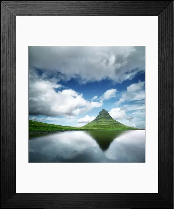 Framed Print : Landscape with Kirkjufell mountain, clear lake and cloudscape in blue sky Framed Print : Landscape with Kirkjufell mountain, clear lake and cloudscape in blue sky