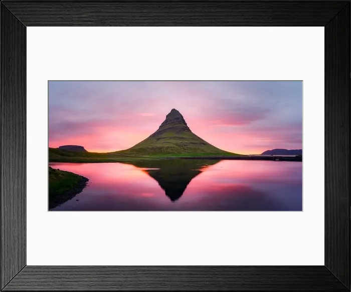 Framed Print : Picturesque panoramical landscape with Kirkjufell mountain, clear lake and cloudscape in sunset sky Framed Print : Picturesque panoramical landscape with Kirkjufell mountain, clear lake and cloudscape in sunset sky