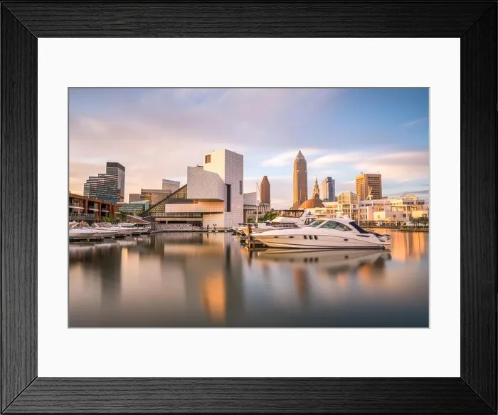 Framed Print : Cleveland, Ohio, USA downtown city skyline and harbor at twilight Framed Print : Cleveland, Ohio, USA downtown city skyline and harbor at twilight