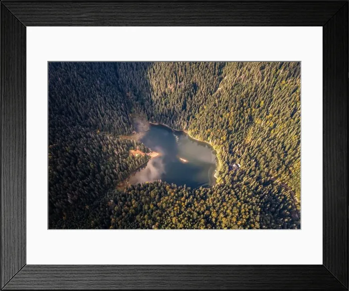 Framed Print : Aerial view of wild lake in summer mountains. Lake surrounded by dense forest. Landscape photography Framed Print : Aerial view of wild lake in summer mountains. Lake surrounded by dense forest. Landscape photography