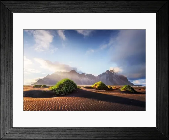 Framed Print : Gorgeous landscape with black sand desert dunes and grassy bumps near famous Stokksnes mountains on Vestrahorn cape, Iceland Framed Print : Gorgeous landscape with black sand desert dunes and grassy bumps near famous Stokksnes mountains on Vestrahorn cape, Iceland