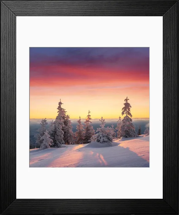 Framed Print : Fantastic orange winter landscape in snowy mountains glowing by sunlight. Dramatic wintry scene with snowy trees. Christmas holiday concept Framed Print : Fantastic orange winter landscape in snowy mountains glowing by sunlight. Dramatic wintry scene with snowy trees. Christmas holiday concept