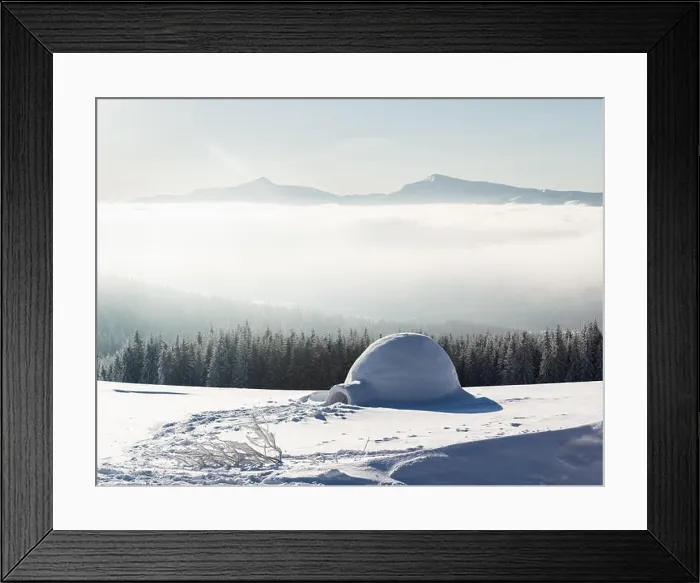Framed Print : Real snow igloo house in the winter Carpathian mountains. Snow-covered firs and mountain peaks in fog on the background Framed Print : Real snow igloo house in the winter Carpathian mountains. Snow-covered firs and mountain peaks in fog on the background
