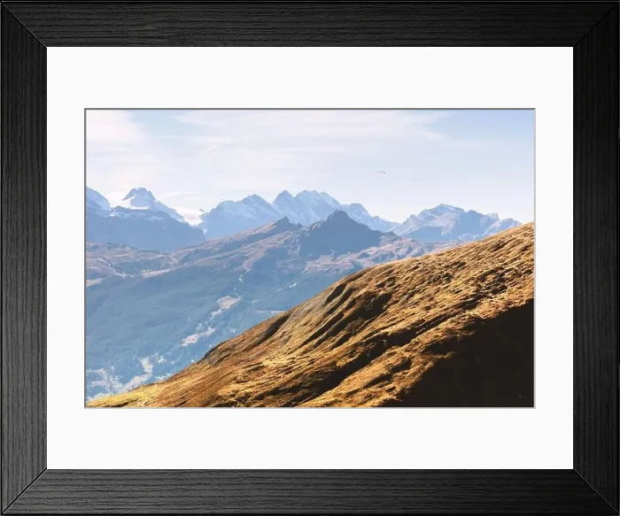 Framed Print : Picturesque autumn landscape with mountains range in Grindelwald village in Swiss Alps Framed Print : Picturesque autumn landscape with mountains range in Grindelwald village in Swiss Alps