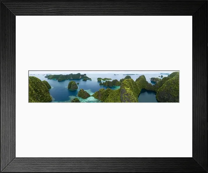 Framed Print : Coral reefs surround the rugged limestone islands that rise from Raja Ampat's seascape. This remote part of Indonesia has high marine biodiversity Framed Print : Coral reefs surround the rugged limestone islands that rise from Raja Ampat's seascape. This remote part of Indonesia has high marine biodiversity