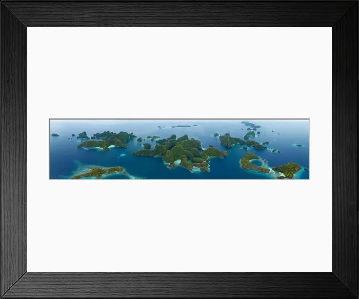 Framed Print : Coral reefs surround the rugged limestone islands that rise from Raja Ampat's seascape. This remote part of Indonesia has high marine biodiversity Framed Print : Coral reefs surround the rugged limestone islands that rise from Raja Ampat's seascape. This remote part of Indonesia has high marine biodiversity
